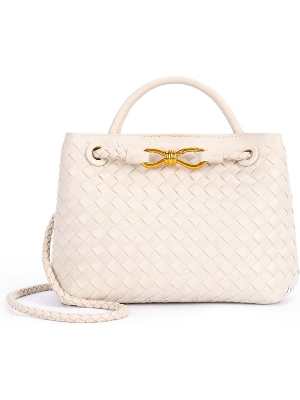 Womens K Seashell Beige Woven Leather Tote Handle Designer Handbag Shoulder Bag